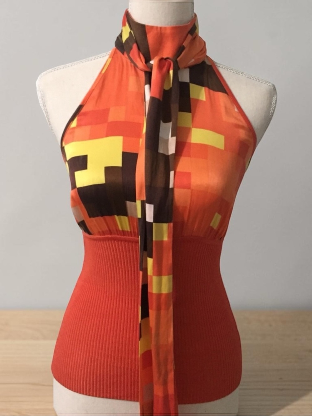 bebe Orange Graphic Halter Tie Neck Top